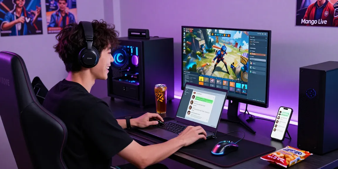 Gamer enjoying top up mango experience with vibrant gaming setup, laptop, and snacks.