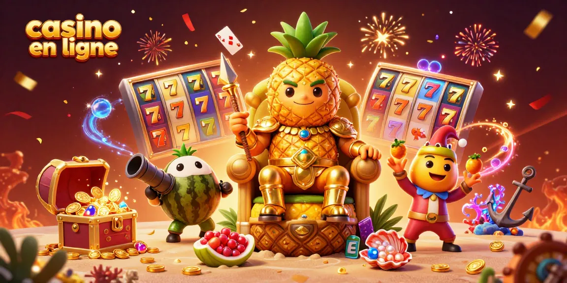 Jouer au casino en ligne avec le roi ananas et ses gardes armés dans une scène festive remplie de glamour.