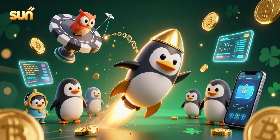 Spin and win at sun-themed casino with a golden penguin and poker chip ambiance.
