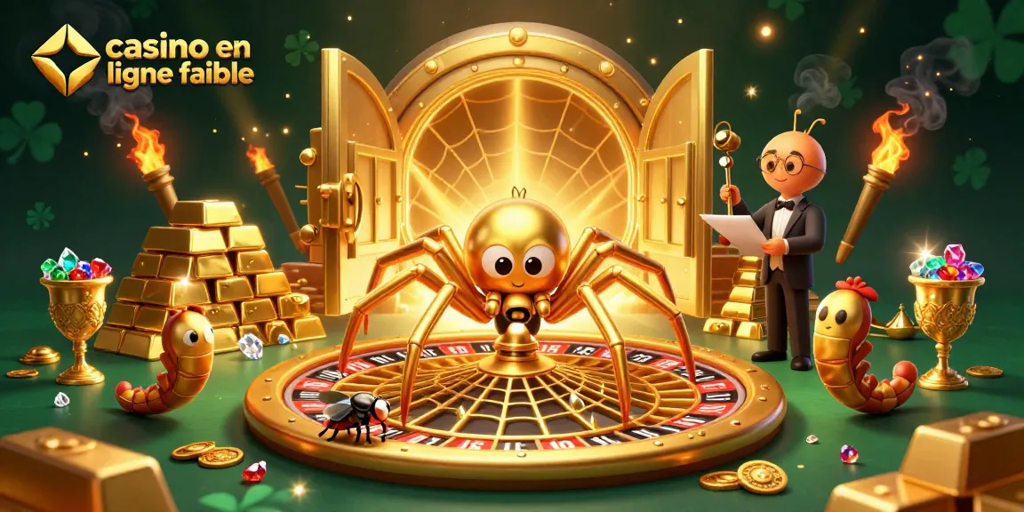 Jouez au casino en ligne fiable dans une illustration dynamique avec des araignées dorées et des trésors scintillants.