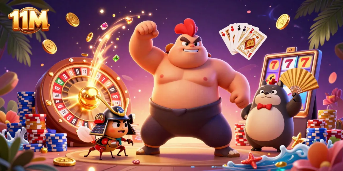 Experience thrilling wins with 11M's vibrant casino illustration featuring dynamic game elements.
