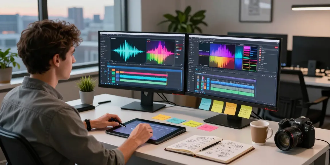 Creative workspace showcasing an AI video prompt design setup with engaging tools and vibrant ambiance.