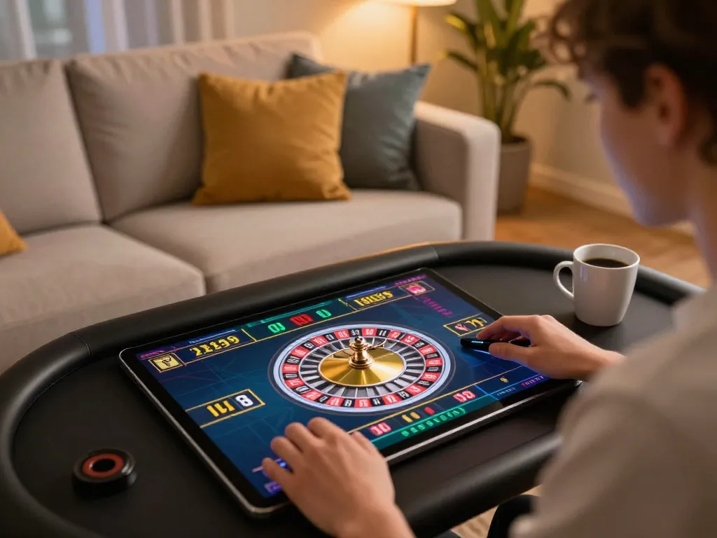 Player engaging in gamebaidoithuong8 online roulette on tablet, creating a dynamic home gaming atmosphere.