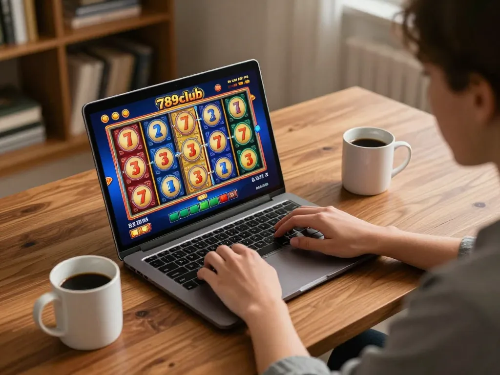 Engaging player enjoying 789club online casino on a laptop in a cozy home setting
