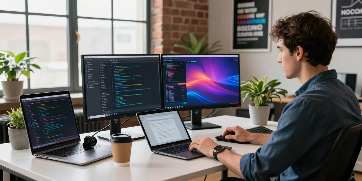 Developer at a modern workspace showing coding on screens while optimizing https://www.bdtjl.app/ design and documentation