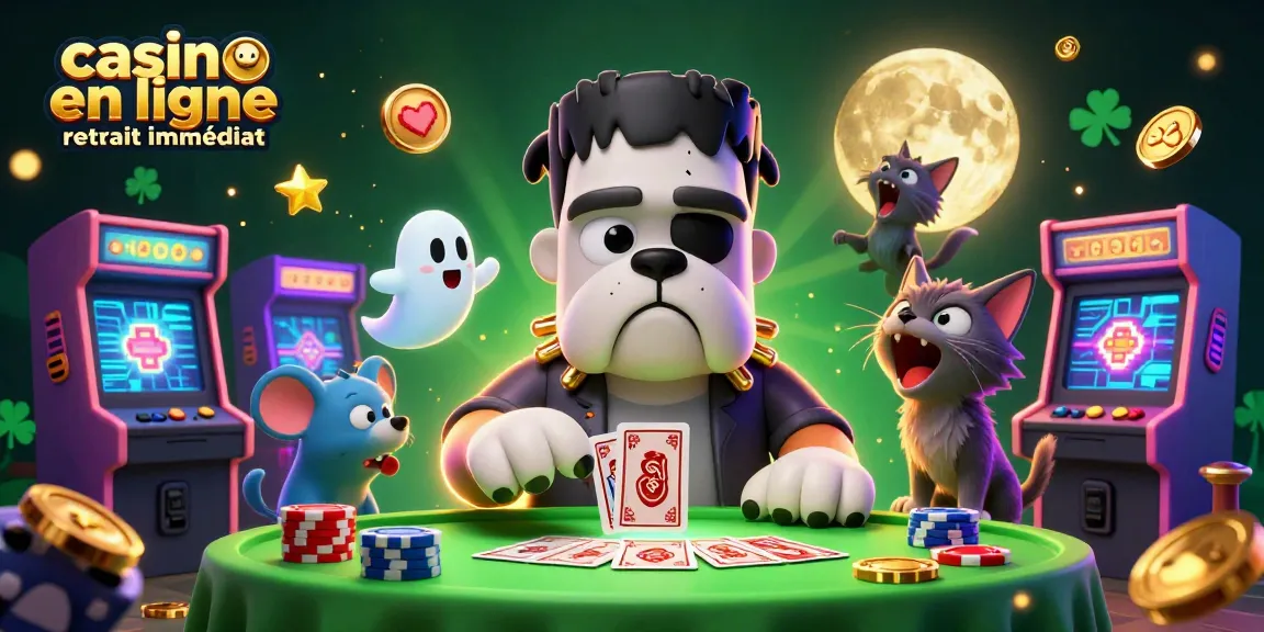 Casino en ligne retrait immédiat: un bulldog Frankenstein distribuant des cartes à une table lumineuse entourée de chance.