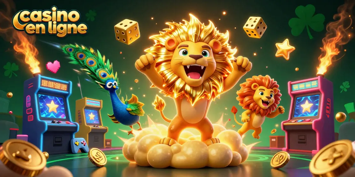 Jouez au casino en ligne avec excitation face à un lion solaire et des machines à sous colorées.