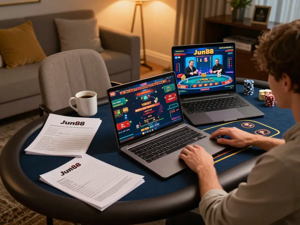 Engaged player enjoying Jun88 online casino games on laptop at home, strategic setup and cozy environment