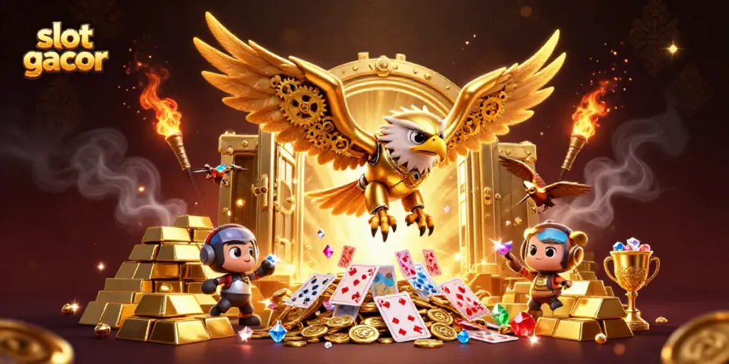 Experience the thrill of slot gacor with a cybernetic eagle soaring amidst golden treasures and holographic cards.
