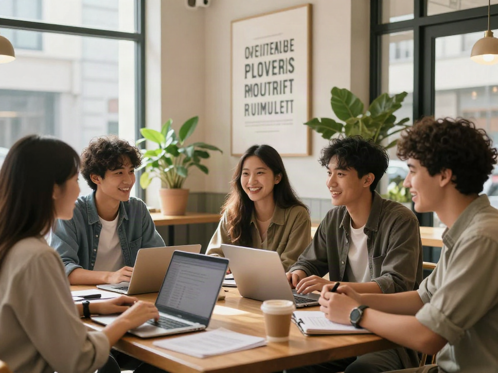 Young group discussing positive attitude concepts in a café, showcasing rokok88 rtp's focus on collaboration and motivation.