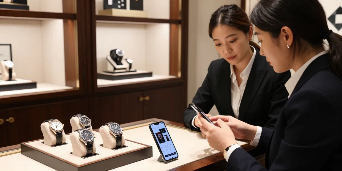 Luxury watch enthusiast exploring replica watches in elegant boutique.