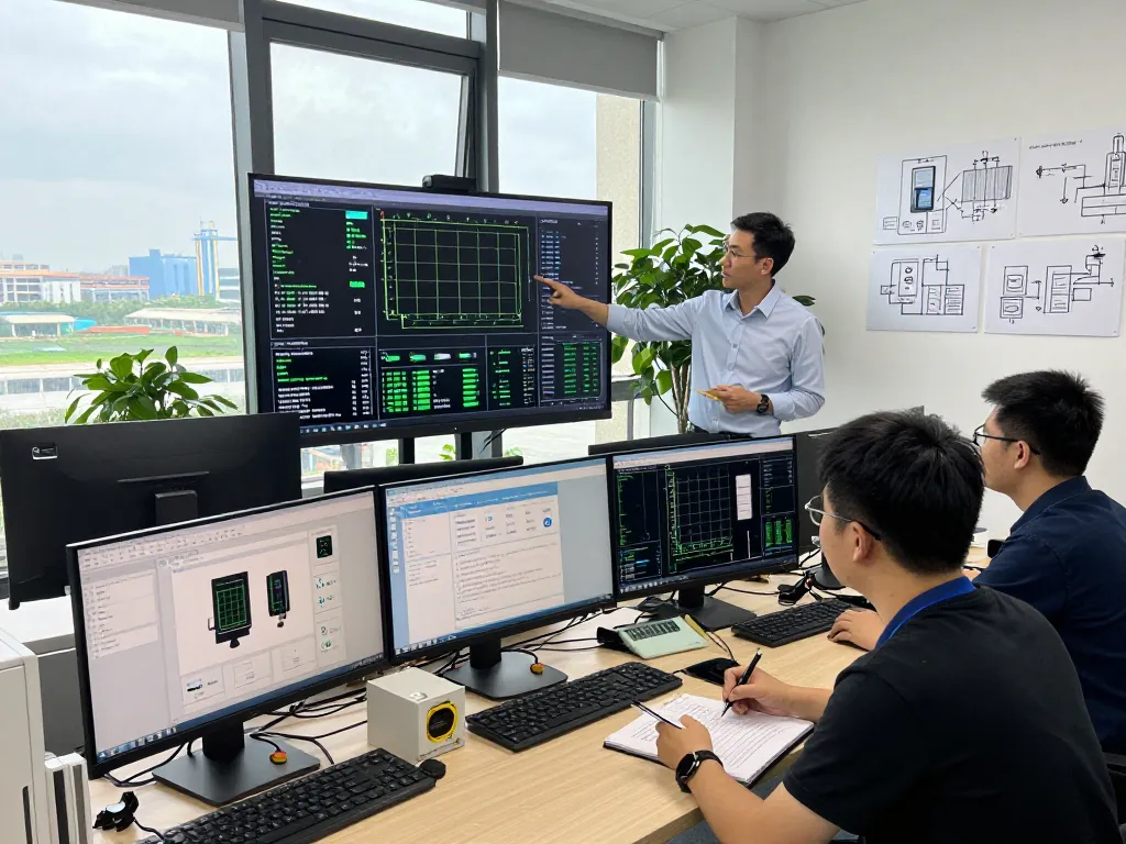 Engineers collaborating at Hải Phòng Tech workspace with PLC analytics and automation sensors.