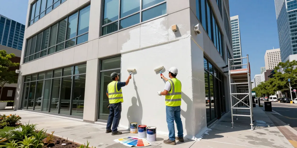 Skilled workers performing commercial painting services Beaverton OR on a modern office building.