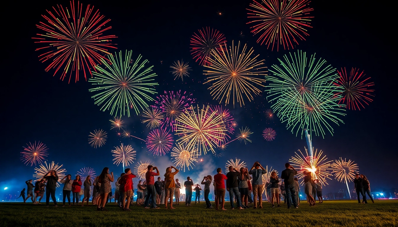 Families enjoying a colorful fireworks display while considering fireworks for sale.