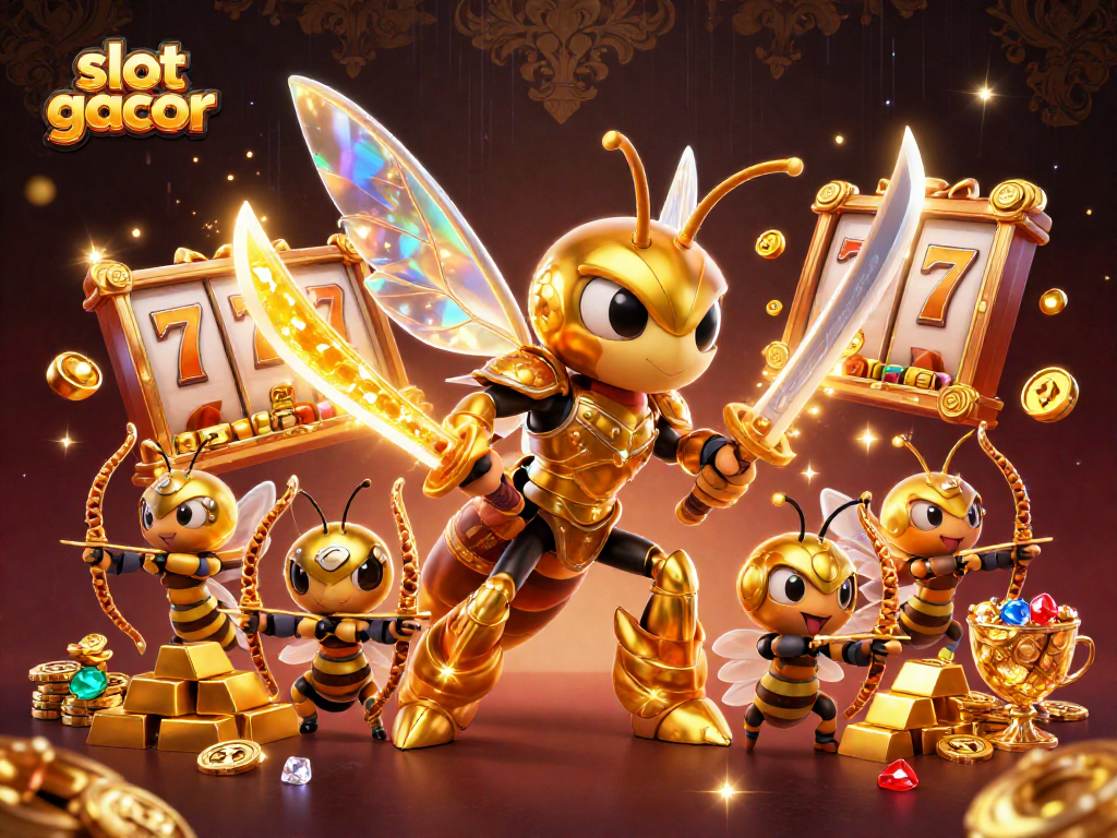Spin the reels to win in this slot gacor themed casino illustration featuring dynamic characters.