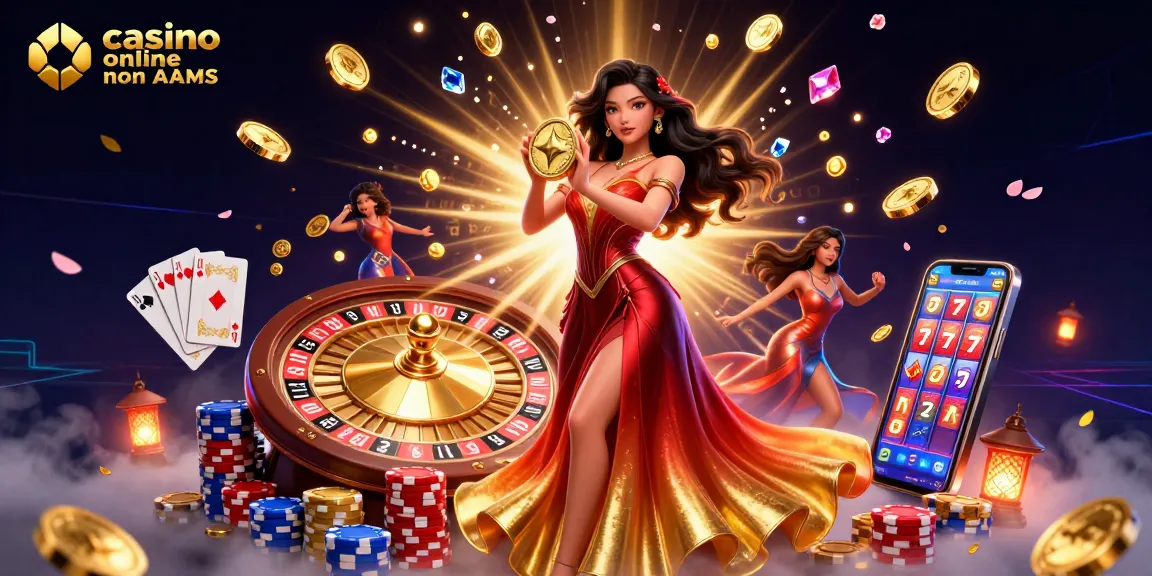 Vivi l'emozione dei casino online non AAMS con una splendida donna asiatica che tiene una moneta d'oro in mezzo a una pioggia di gemme.