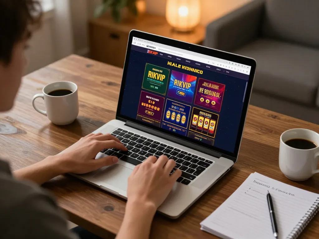 Engaging online gambling setup with RIKVIP interface, person strategizing with notes.