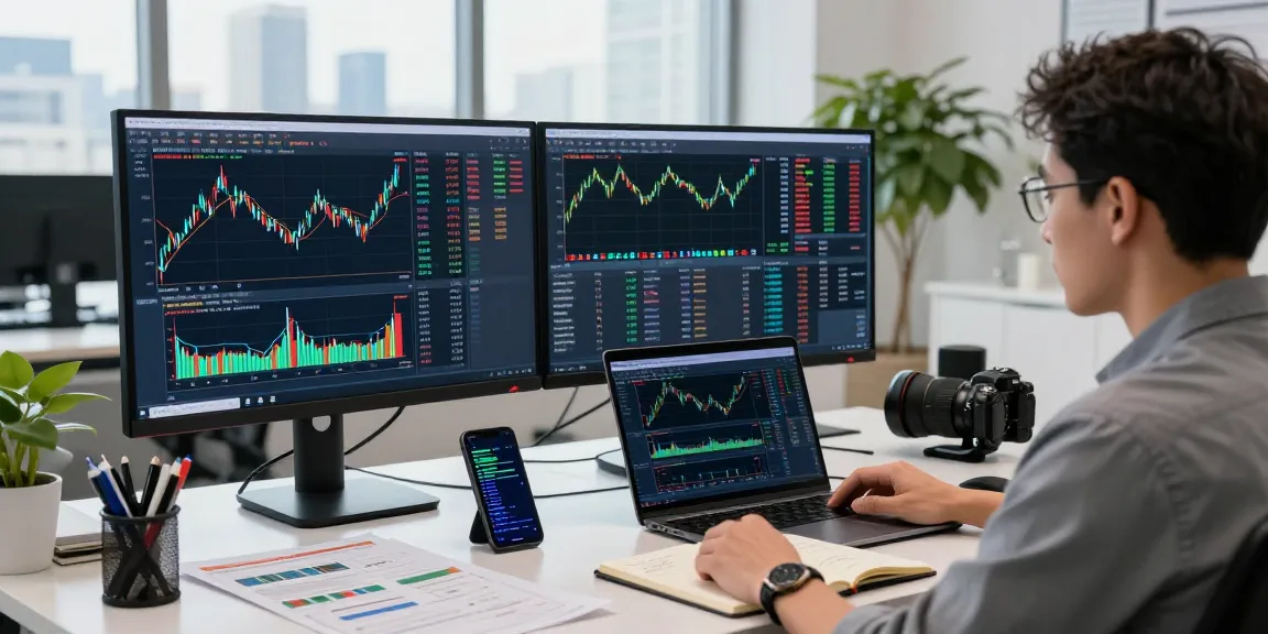 Trader using MetaTrader 5 in a modern workspace, analyzing financial charts for optimal trading strategies.