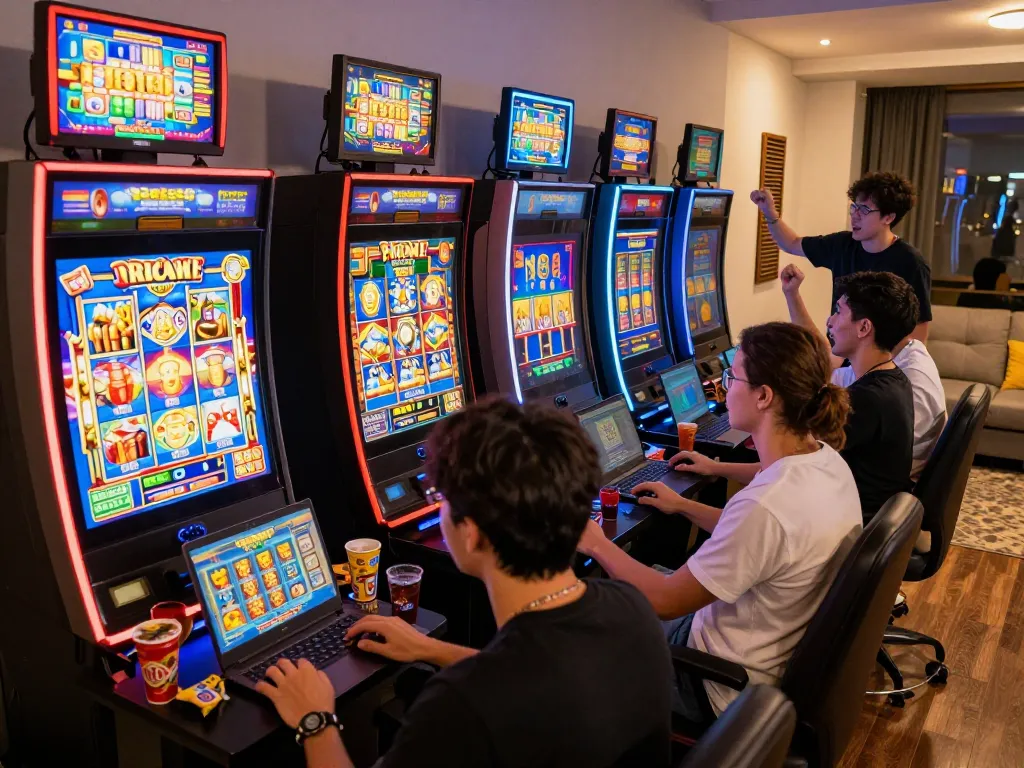Engaged players enjoying thrilling slot pulsa gameplay on stylish modern devices