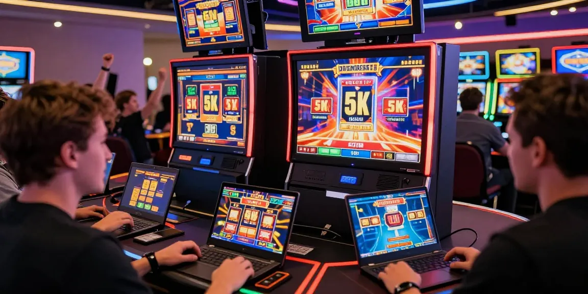 Engaged players exploring slot deposit 5k options in a vibrant online casino environment, highlighting excitement and interaction.