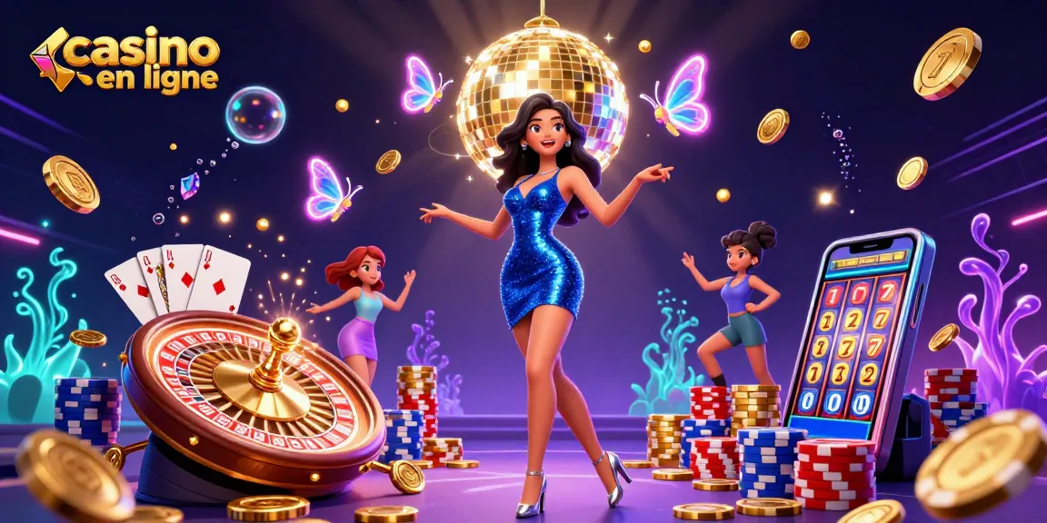 Experience the thrill of casino en ligne with vibrant 3D visuals of a glamorous dancer and rich gaming elements.