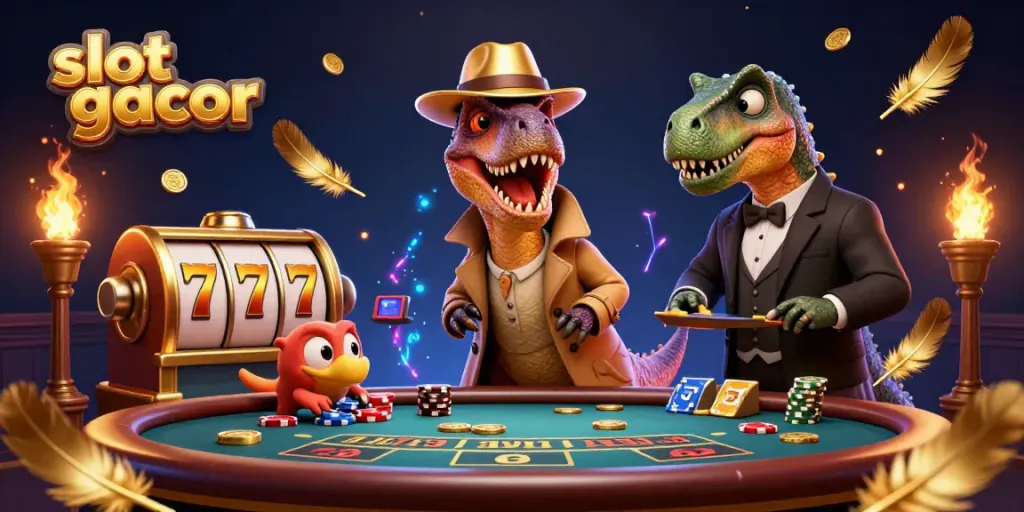 Engaging scene of a velociraptor counter playing slot gacor at a vibrant casino table.