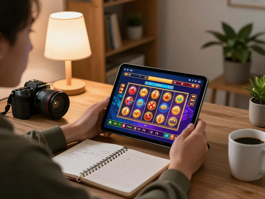 Engaging in exciting slot depo 1k gameplay using a tablet in a cozy home setup.