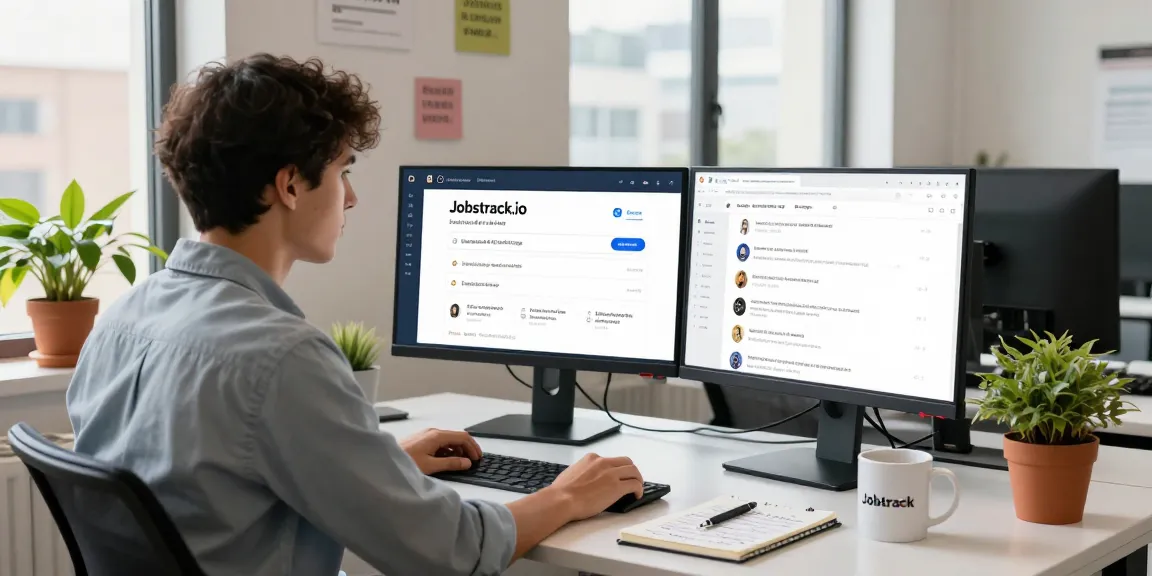 Young professional exploring openai jobs on a dual monitor setup, vibrant workspace.