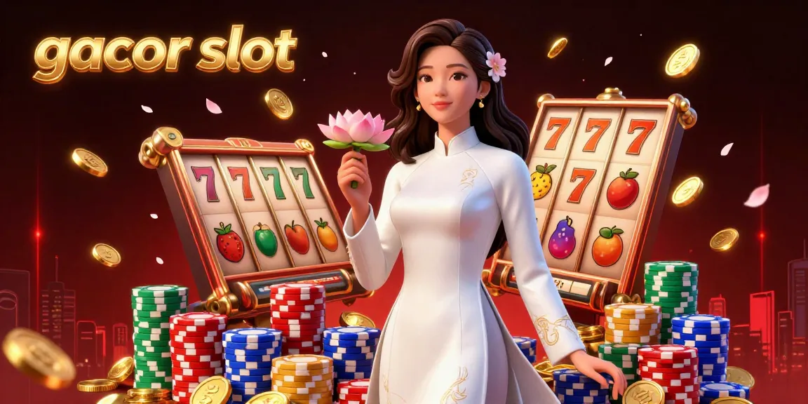 Experience the thrill of gacor slot with dynamic slot game elements and an elegant character in a vibrant illustration.