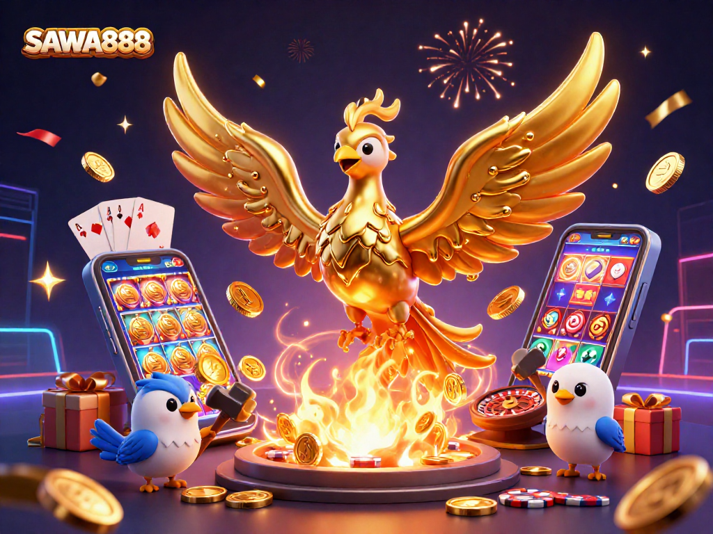 SAWA888 showcases a vibrant 3D golden phoenix emerging with coins while engaging players in thrilling slot action.