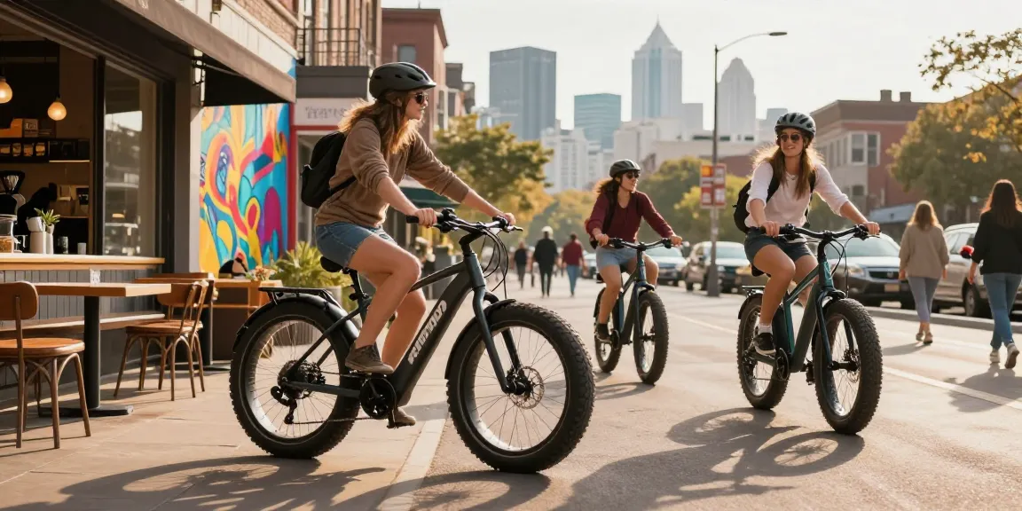 Doppio Fatbike e-bike parked at a café with friends enjoying an afternoon ride in the city.