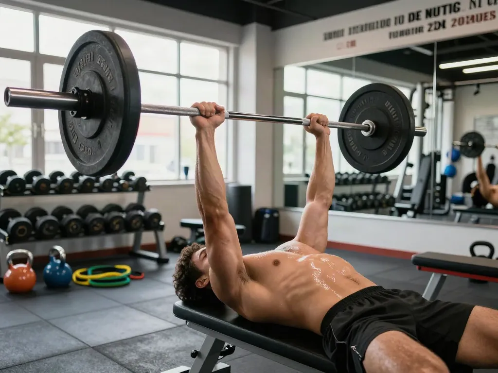 Dynamic workout scene of a person performing a bench press, representing the journey to comprare steroidi muscoli in italia.