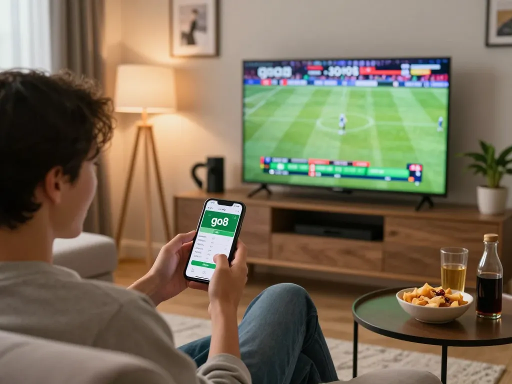Experience live sports betting at go8 through an excited user on a smartphone in a cozy living room.