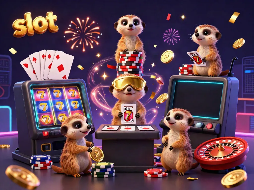 Experience thrilling slot action with cartoon meerkats in a lively casino, showcasing vibrant game elements.