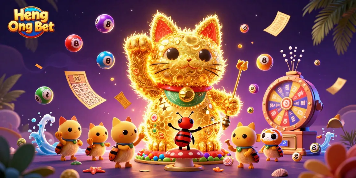 Experience excitement with Heng Ong Bet's dynamic casino-themed 3D scene full of vibrant elements.