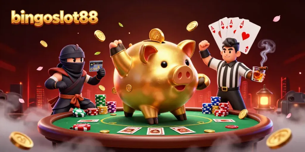 bingoslot88 menarik perhatian dengan ilustrasi kasino mengesankan yang dipenuhi karakter dan elemen permainan yang berkilau.