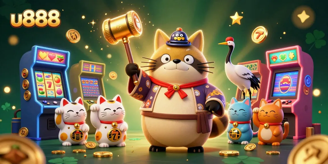 Spin to win at u888's dynamic 3D casino scene featuring a cheerful tanuki and exciting gaming elements.
