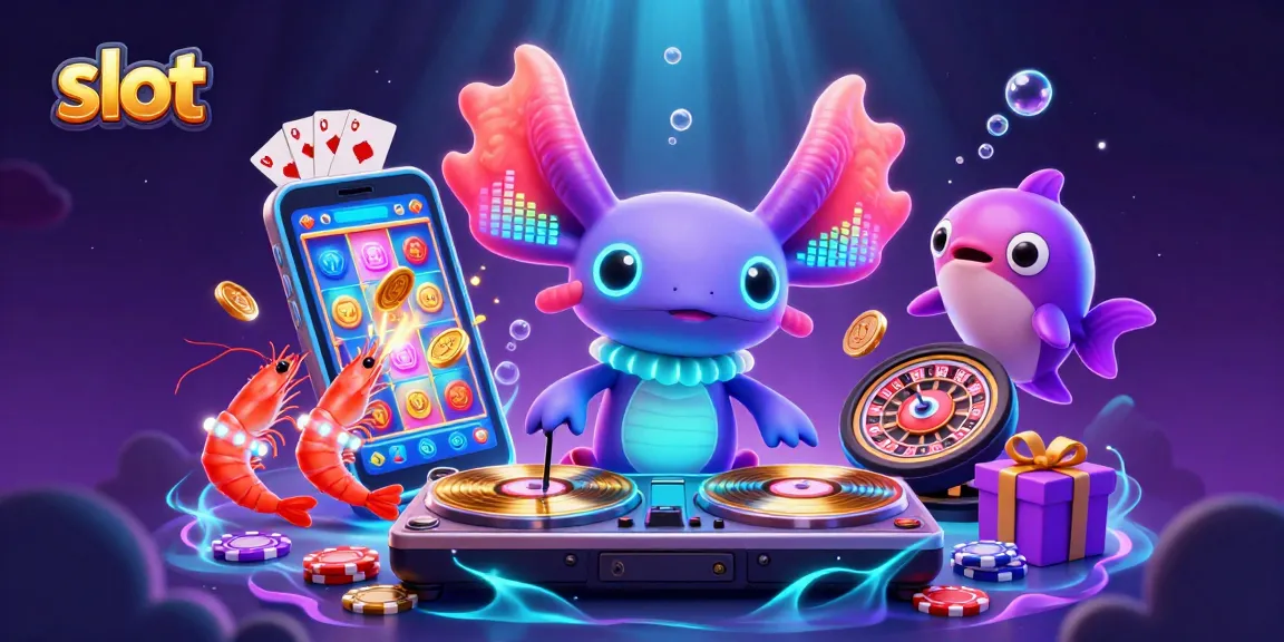 Engaging slot gameplay featuring a lively DJ axolotl and vibrant characters celebrating jackpots.