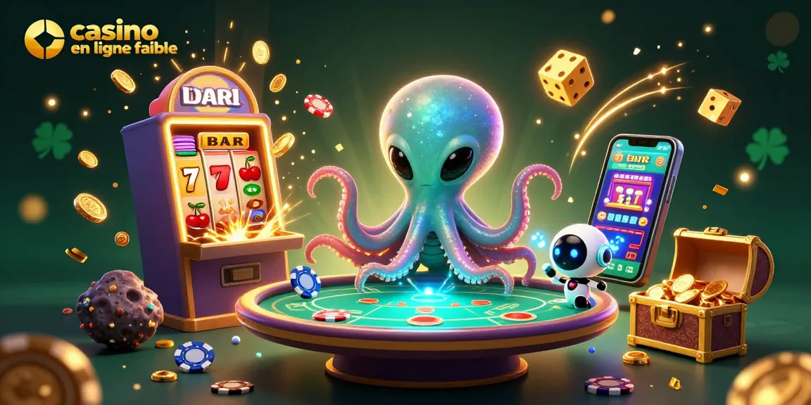 Explorez le monde des jeux avec casino en ligne fiable grâce à une illustration dynamique d'un octopus extraterrestre et son robot.
