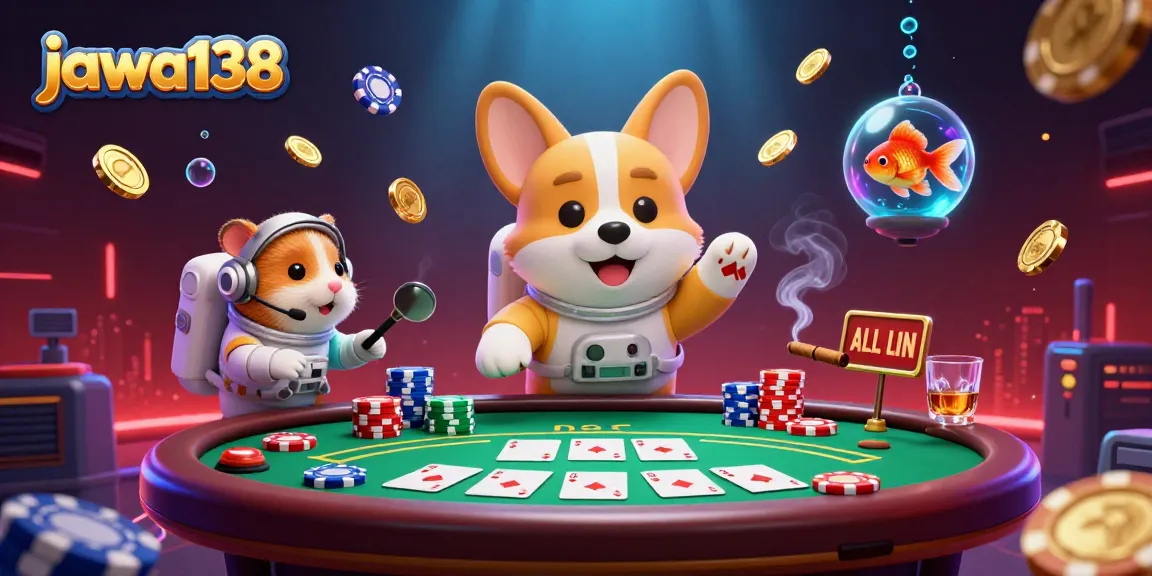 Experience the excitement of jawa138 with a vibrant 3D illustration of an astronaut corgi in a casino space station surrounded by poker elements.