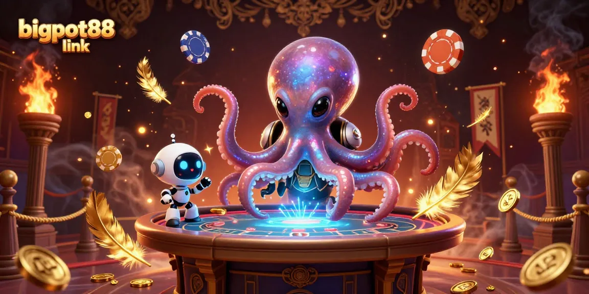 Experience thrilling gameplay at bigpot88 link with a vibrant 3D illustration of an alien octopus and poker action.