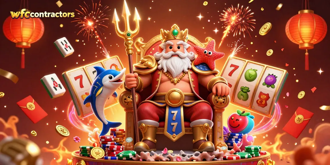 Engage in thrilling casino moments with wfccontractors as Neptune and companions amidst vibrant gaming items.