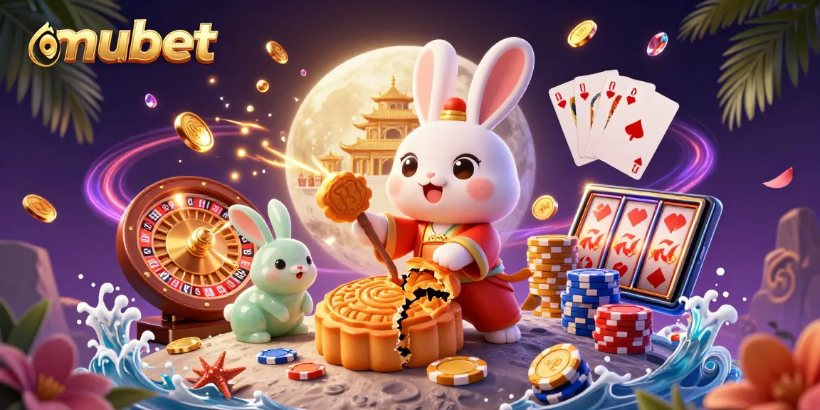 Engage with mubet's world of 3D casino art featuring dynamic moon rabbit and poker elements.