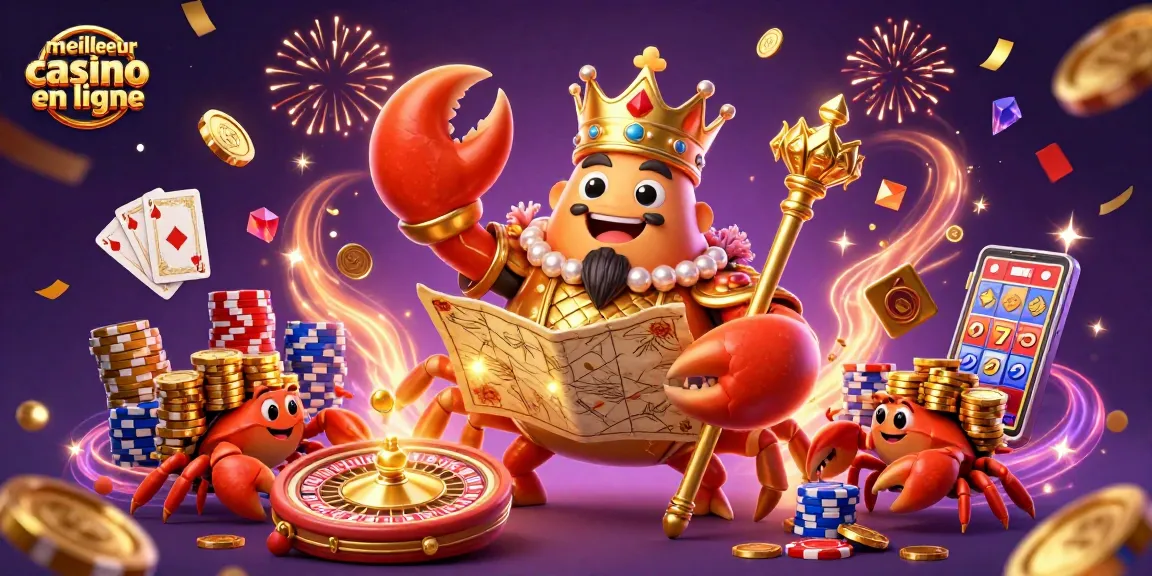 Illustration de casino avec le meilleur casino en ligne, roi crabe, pièces d'or et jeux de cartes.