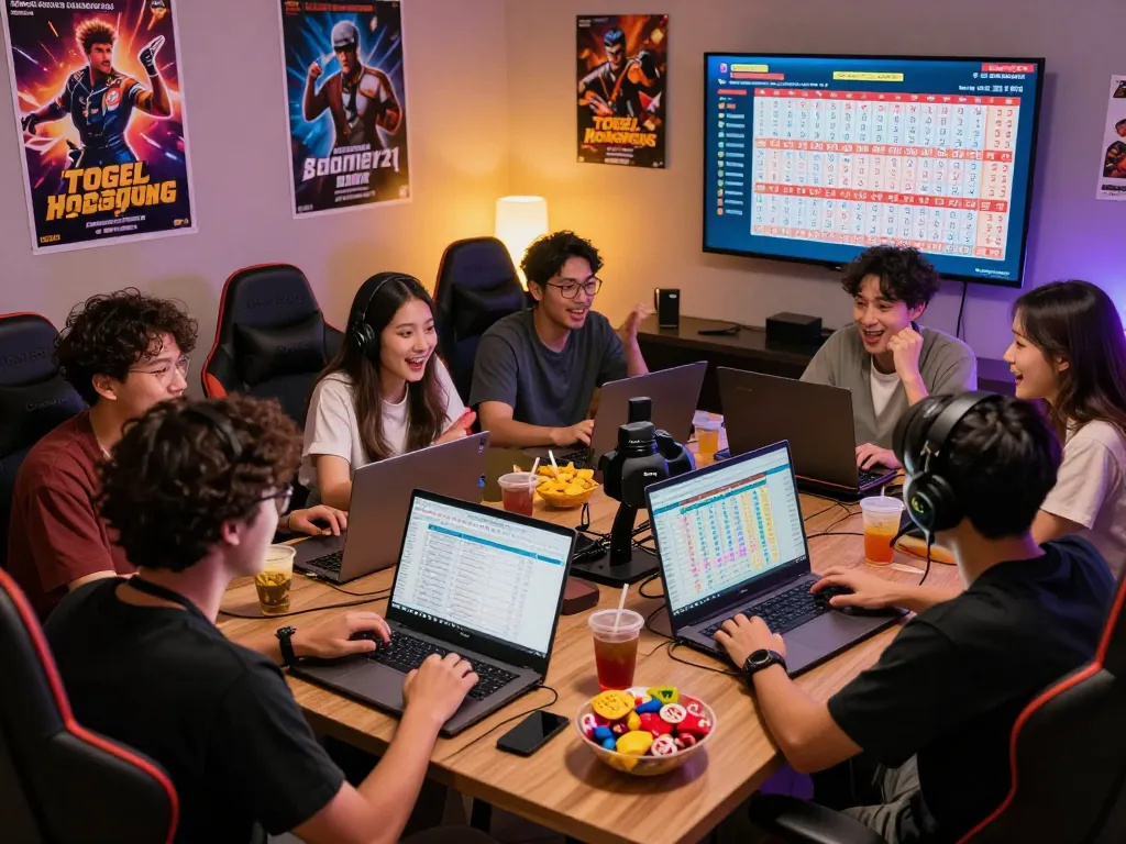 Togel Hongkong enthusiasts analyzing lottery results in an engaging gaming environment with computers and lively interaction.