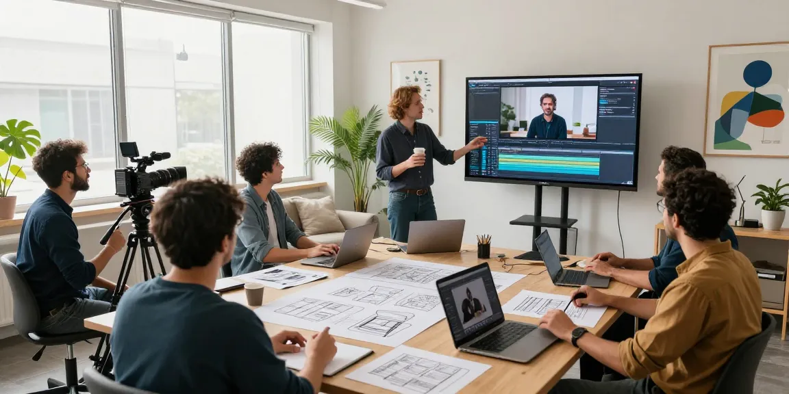 Creative team in a Singapore Corporate Video Production studio collaborating on projects with modern equipment and bright lighting.