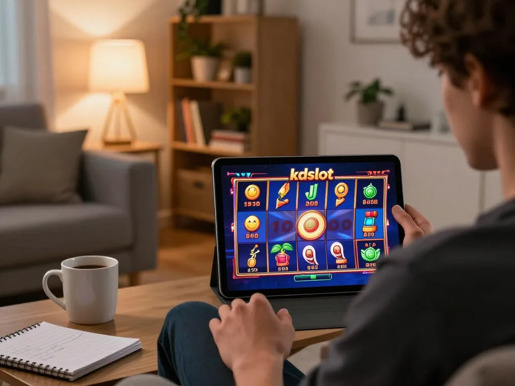 A player immersed in kdslot online gaming on a tablet, displaying colorful slot graphics in a cozy living room.