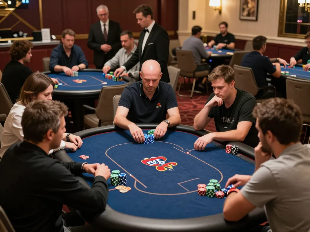 Players enjoying poker at lu88 casino, showcasing vibrant chip stacks and intense gameplay.