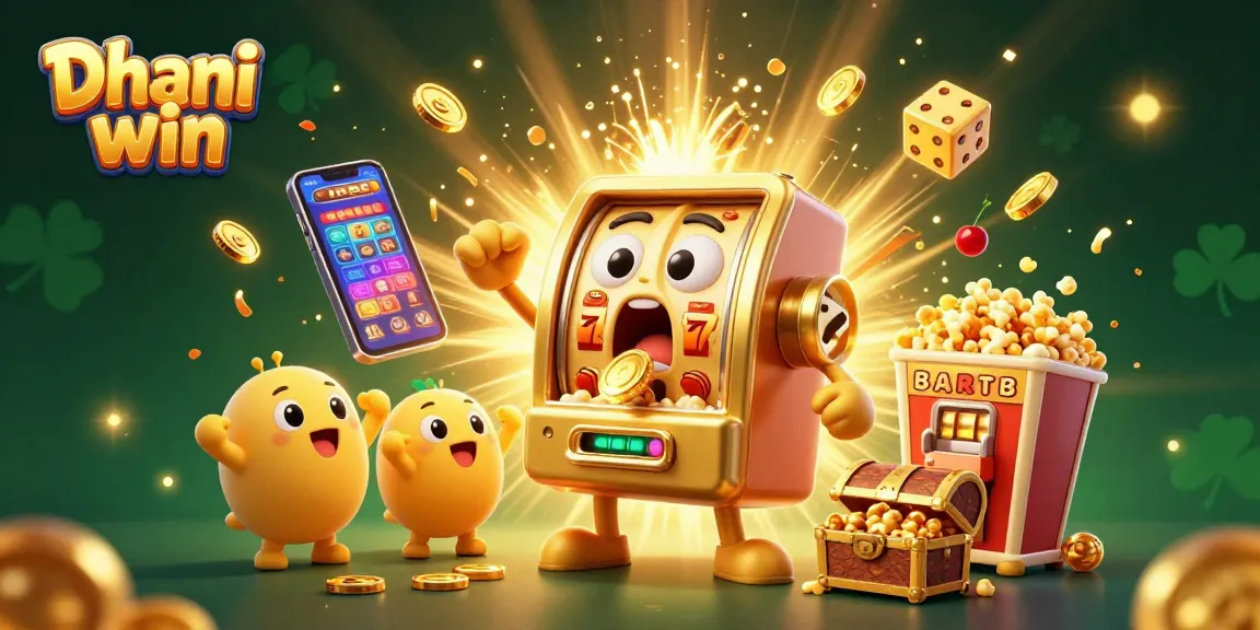 Dhani win slot machine celebrates a jackpot, bursting with coins, colorful symbols, and excitement.