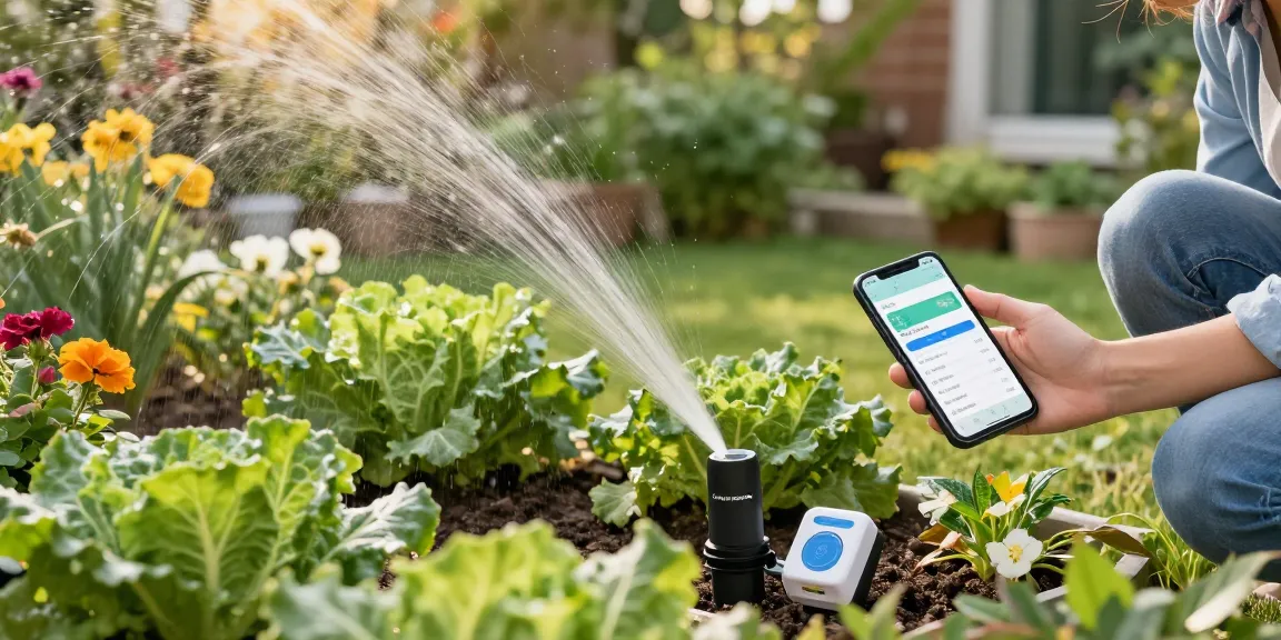 Setting up rainpoint smart sprinkler controller in a vibrant garden with blooming plants.